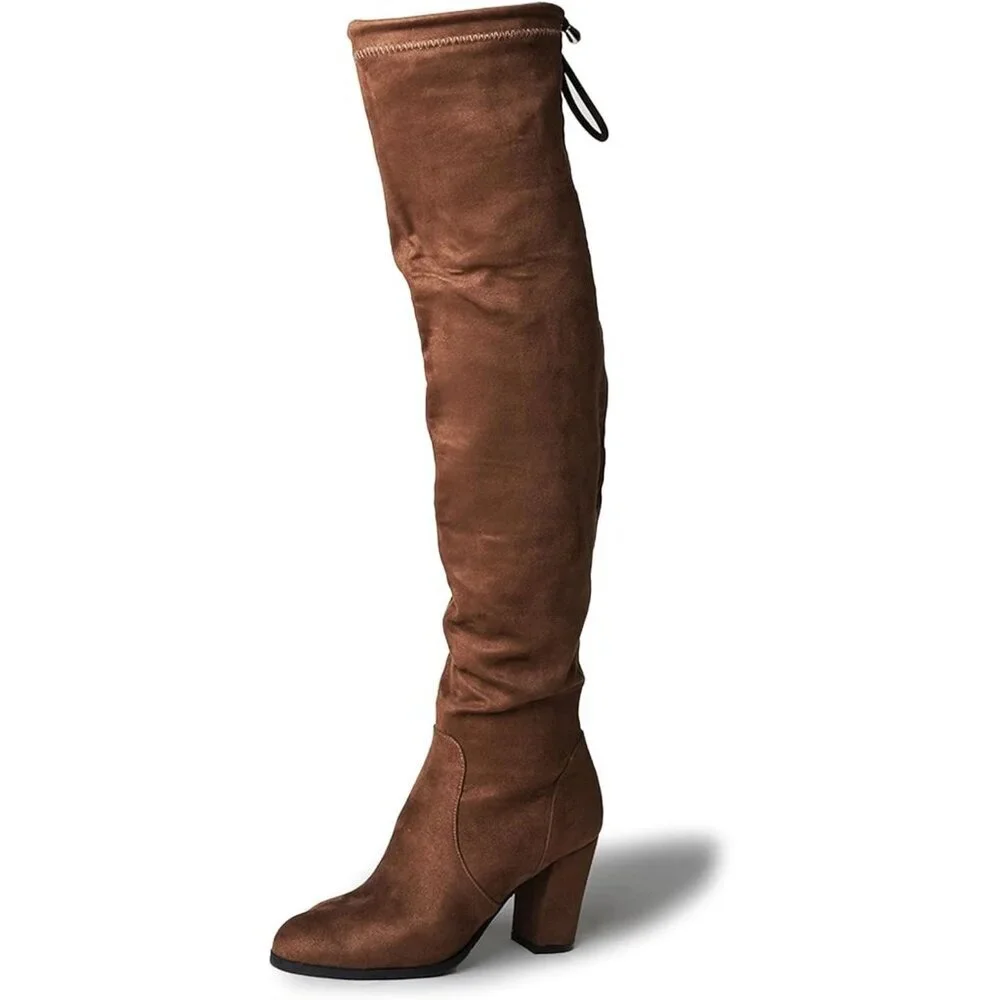 Women Khaki Vegan Suede Polyurethane Over-the-Knee Chunky Heel Rounded Toe Boot